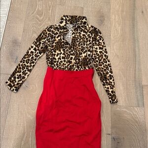 VENUS Leopard Print Top with Red Midi Skirt